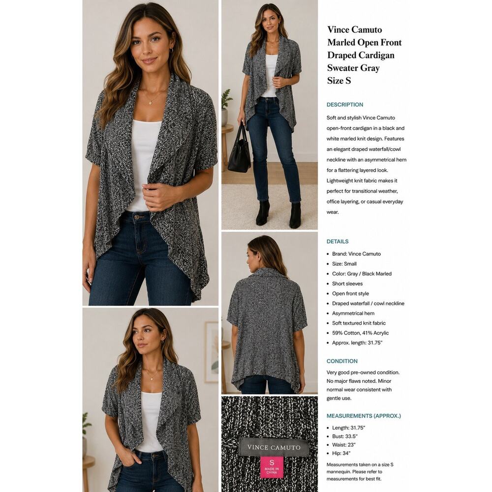 Vince Camuto Marled Open Front Draped Cardigan Sweater Gray Size S